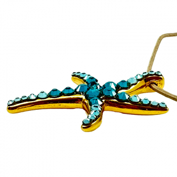 Ekaterini necklace, starfish, turquoise Swarovski crystals brown cord and with gold accents, side
